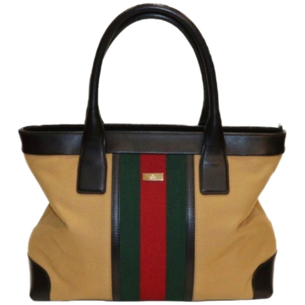 Gucci Sherry Line Tan & Black Tote w/ Red, Green, & Black Stripe Tom Ford Era